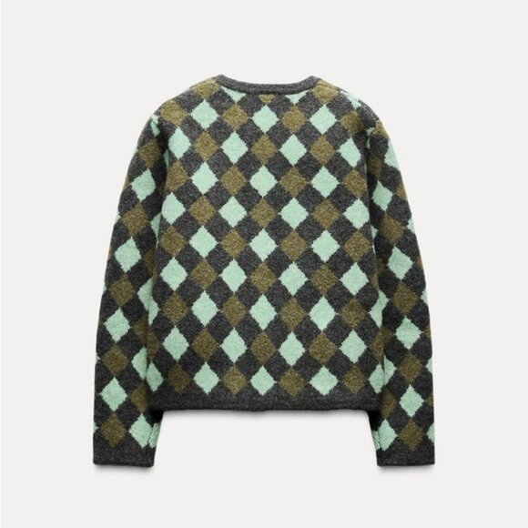ZARA ARGYLE KNIT JACQUARD CARDIGAN - Picture 5 of 6